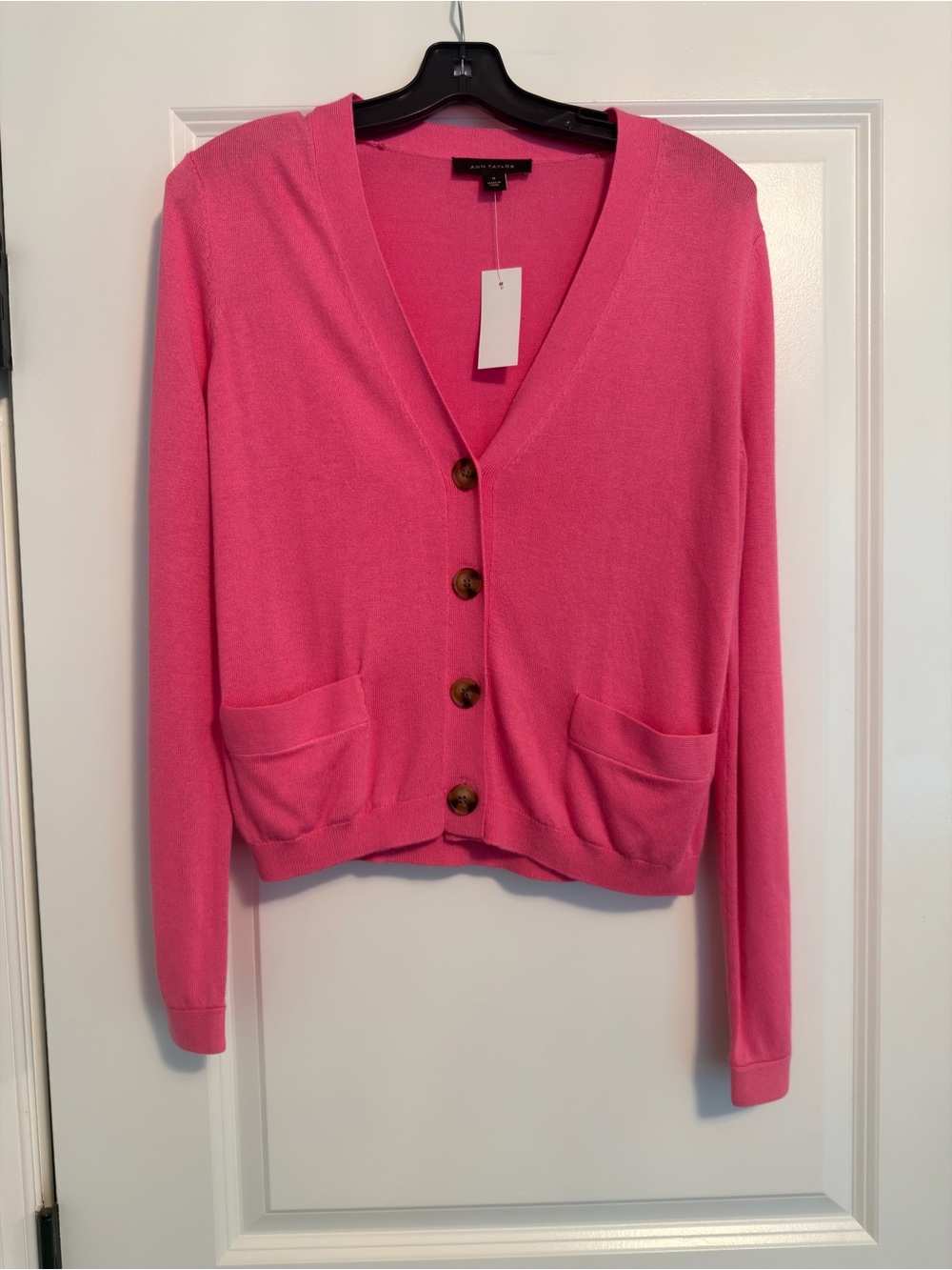 Ann Taylor Bright Pink V-Neck Button Cardigan